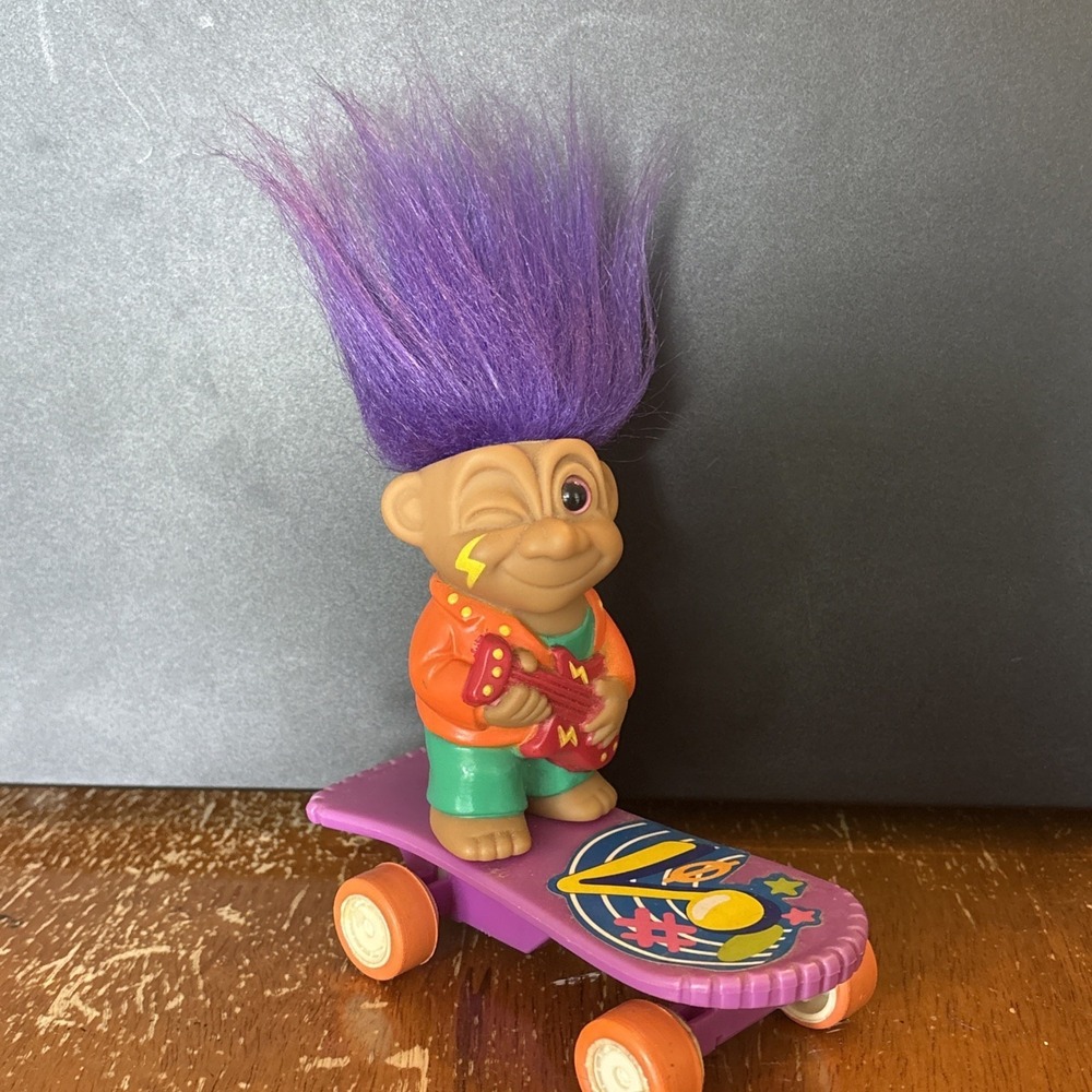 Vintage 90s Troll Skateboard Pull Back Toy Purple Hair Punk Guitar